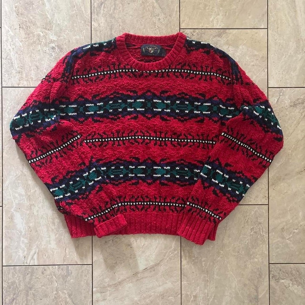 Vintage Lake Harmony USA Mens XL Geometric Pattern Sweater Red Green 90s Holiday
